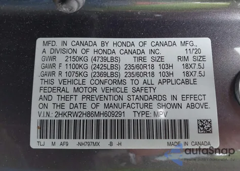 2021 Honda Cr-V Awd Ex-L z USA, uszkodzony, nr VIN 2HKRW2H86MH609291